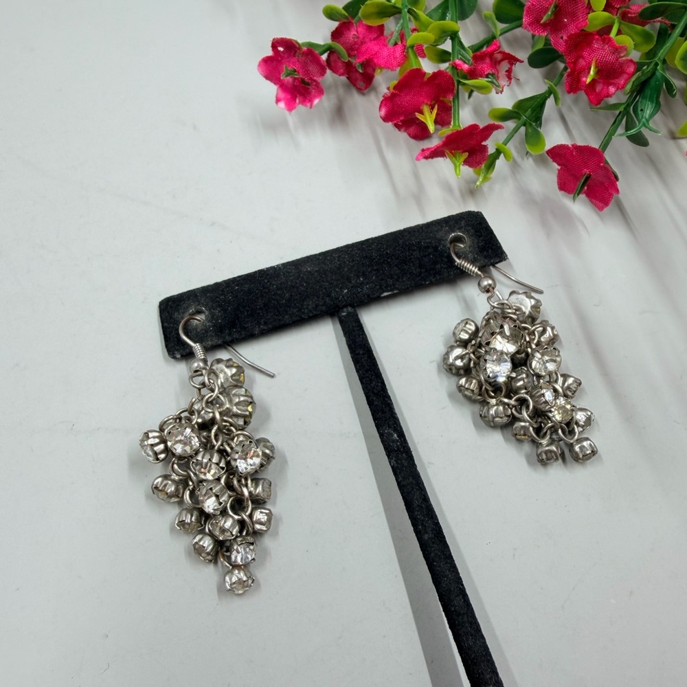 Silver Cluster Vintage Y2K Dangle Earrings with Crystal Accents